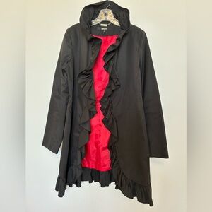 SALE! SALE! SALE!! DKNY Black Ruffled Long Coat With Lipstick Red Lining